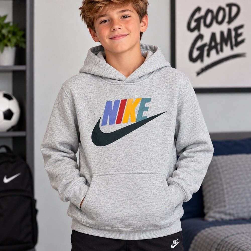 Nike Kids Sportswear Fleece Hoodie Grey Multi-Color Logo Size Medium New